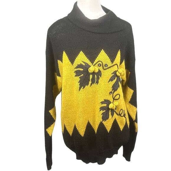 Vintage 80s Ann Wi Black Gold Acrylic Leather Grape  Grandmacore Sweater Sz M - Picture 1 of 7